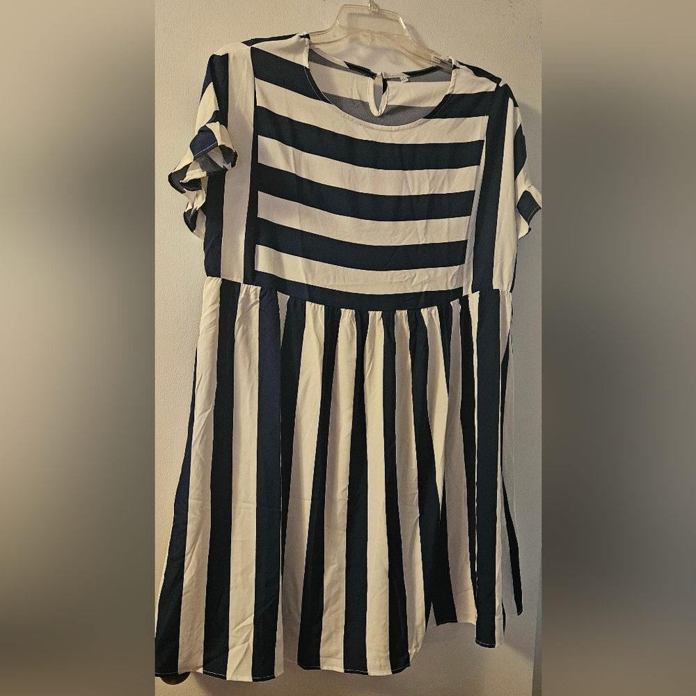 Striped Crew Neck Ruffle Sleeve Dress
